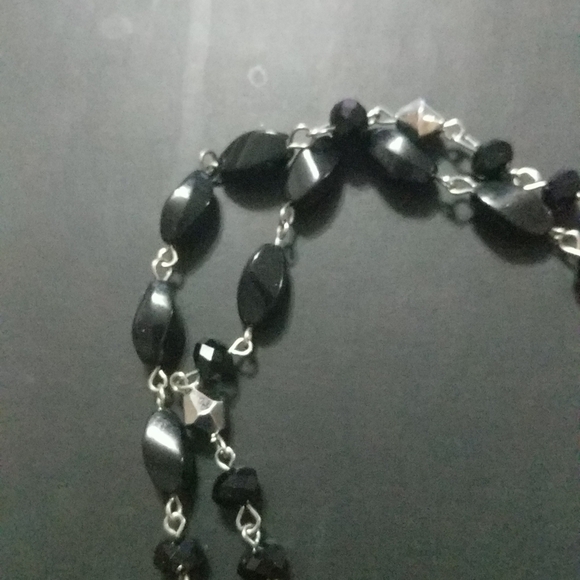 Silver Tone Black Beaded Rhinestone Long Strand Statement Necklace - Picture 4 of 4